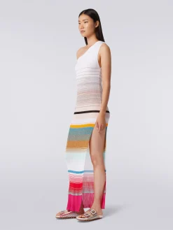 One-shoulder dress in striped ribbed knit with lurex
