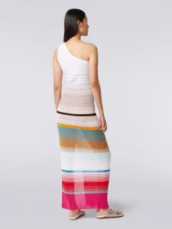 One-shoulder dress in striped ribbed knit with lurex