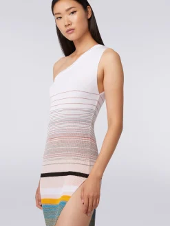 One-shoulder dress in striped ribbed knit with lurex