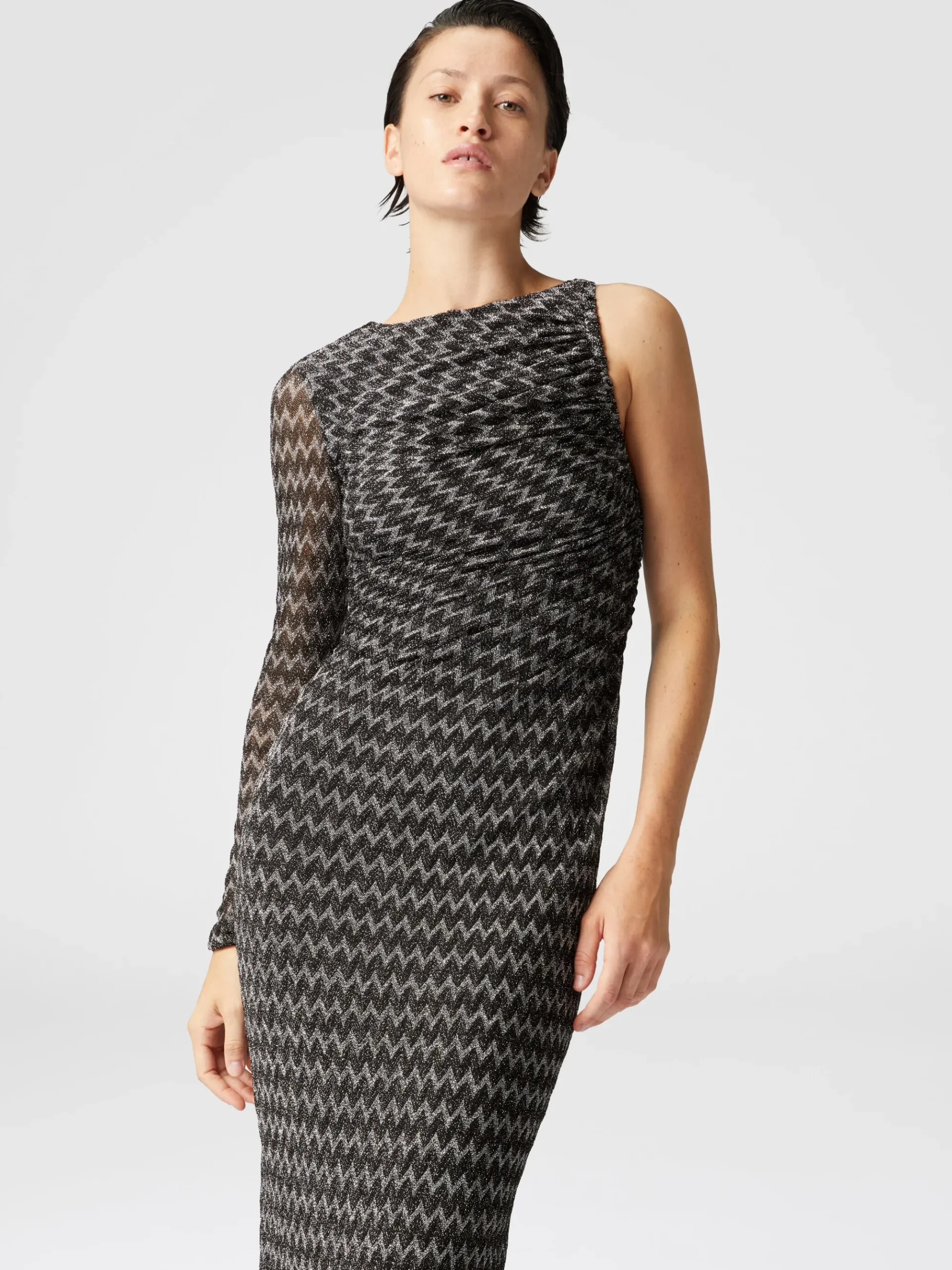 One-shoulder midi dress in lamé viscose
