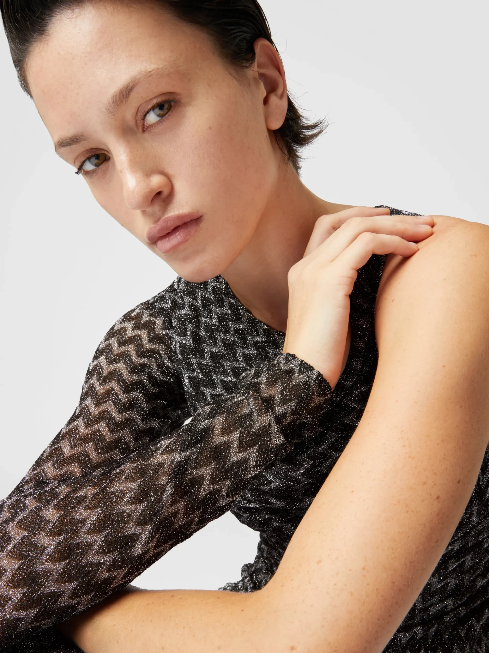 One-shoulder midi dress in lamé viscose