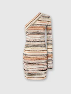 One-shoulder mini-dress in lamé embossed viscose with wave motif