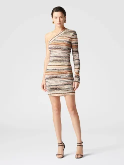 One-shoulder mini-dress in lamé embossed viscose with wave motif