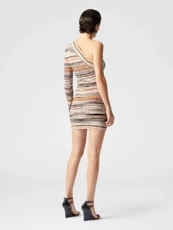 One-shoulder mini-dress in lamé embossed viscose with wave motif