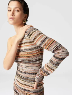 One-shoulder mini-dress in lamé embossed viscose with wave motif