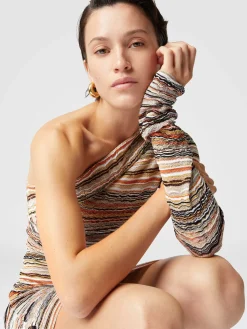 One-shoulder mini-dress in lamé embossed viscose with wave motif