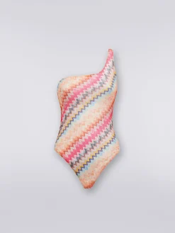 One-shoulder one-piece swimming costume in chevron viscose