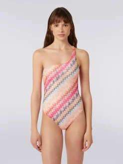 One-shoulder one-piece swimming costume in chevron viscose