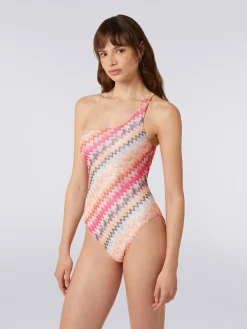 One-shoulder one-piece swimming costume in chevron viscose