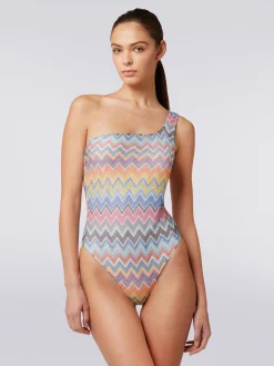 One-shoulder one-piece swimming costume with zigzag print and lurex