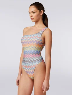 One-shoulder one-piece swimming costume with zigzag print and lurex