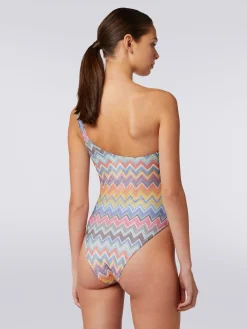 One-shoulder one-piece swimming costume with zigzag print and lurex