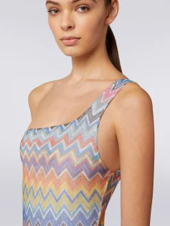One-shoulder one-piece swimming costume with zigzag print and lurex