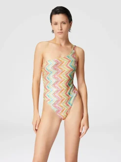 One-shoulder one-piece swimsuit in printed tulle