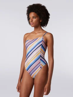 One-shoulder one-piece swimming costume in striped crochet