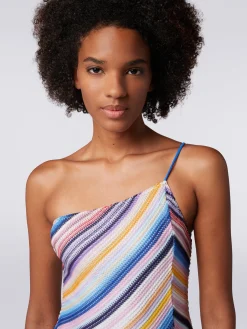 One-shoulder one-piece swimming costume in striped crochet