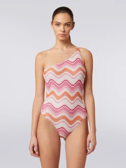 One-shoulder one-piece swimming costume in chevron crochet with lurex