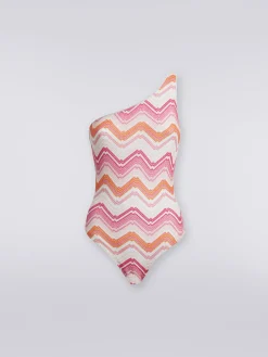 One-shoulder one-piece swimming costume in chevron crochet with lurex