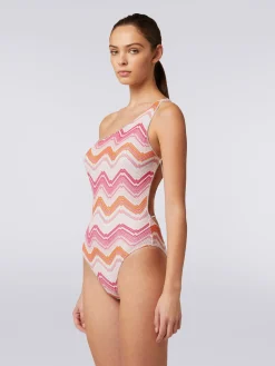 One-shoulder one-piece swimming costume in chevron crochet with lurex