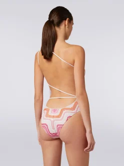 One-shoulder one-piece swimming costume in chevron crochet with lurex