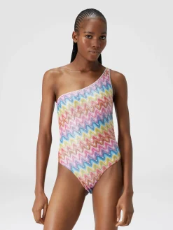 One-shoulder swimsuit in coated lace