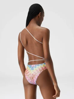 One-shoulder swimsuit in coated lace