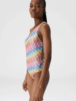 One-shoulder swimsuit in coated lace