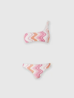 One-shoulder viscose blend chevron bikini with lurex