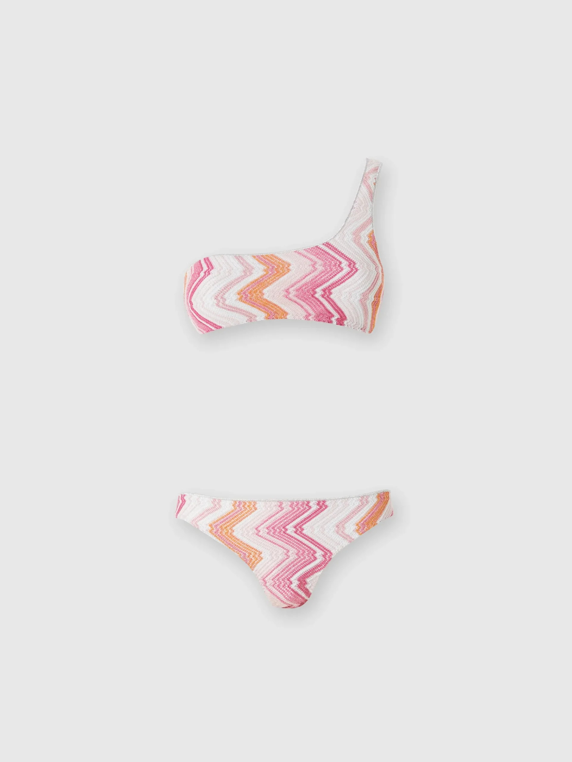 One-shoulder viscose blend chevron bikini with lurex