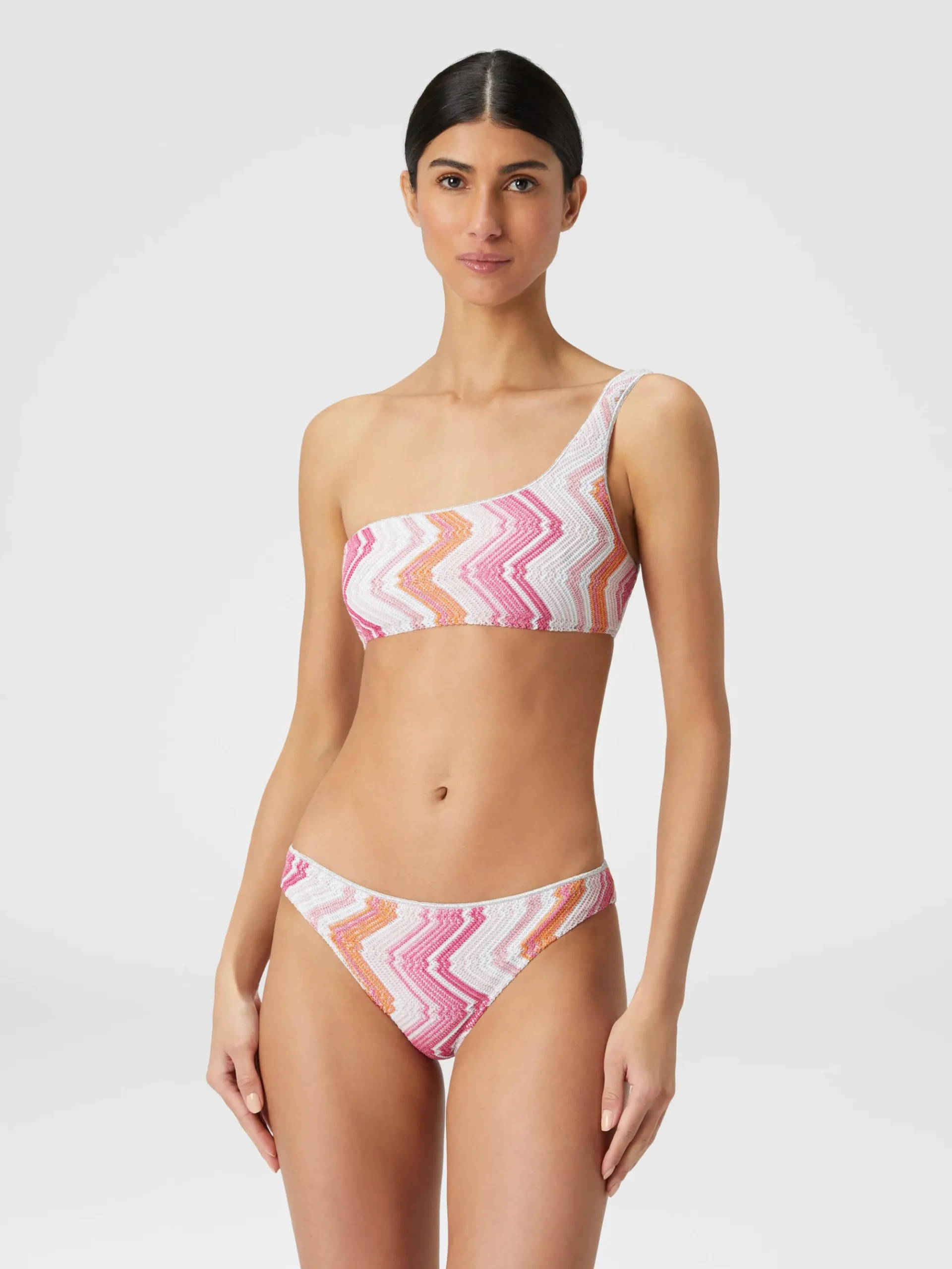 One-shoulder viscose blend chevron bikini with lurex