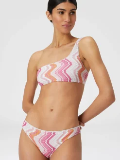 One-shoulder viscose blend chevron bikini with lurex
