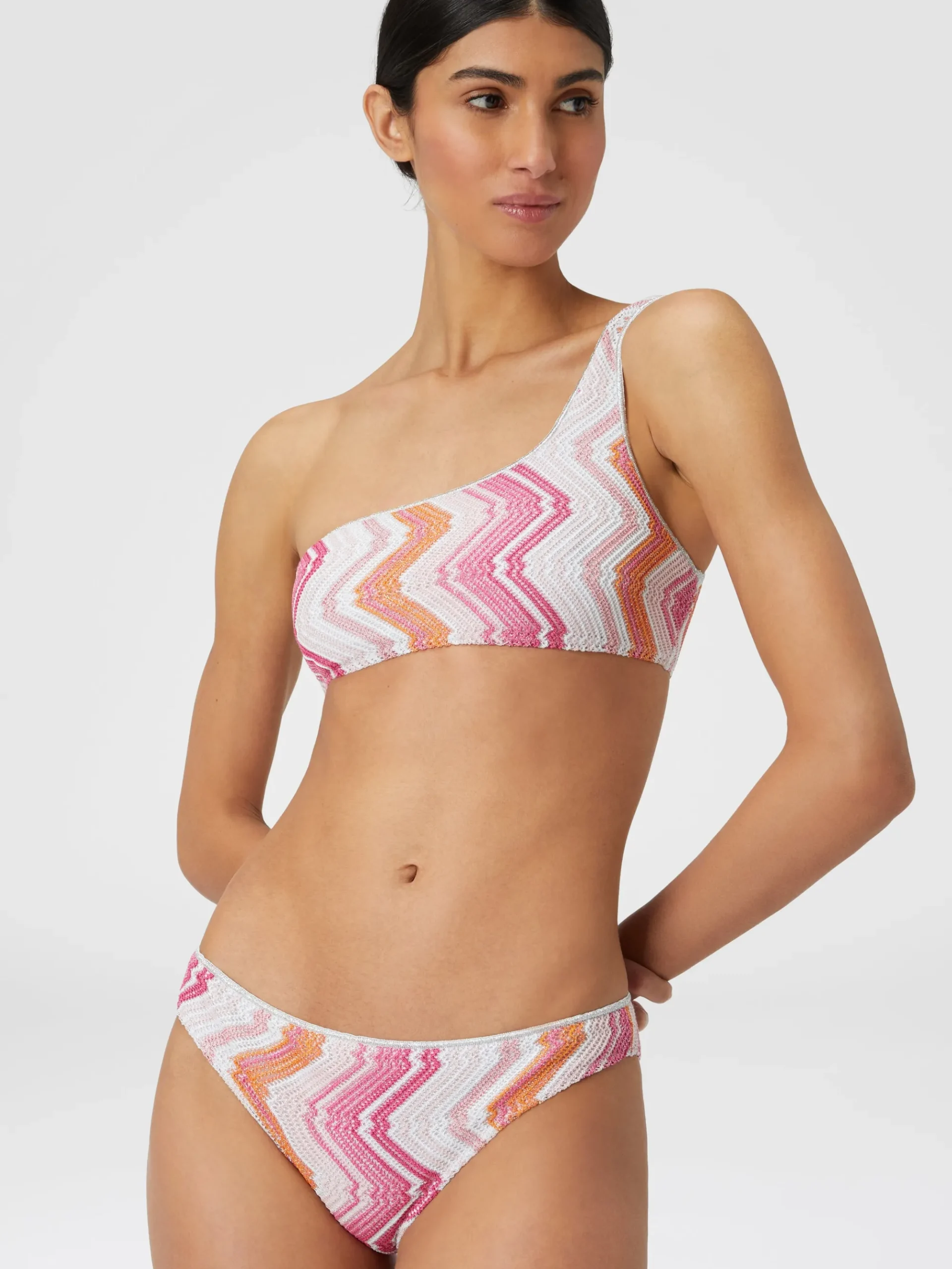 One-shoulder viscose blend chevron bikini with lurex