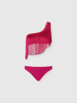 One-shoulder zigzag lamé viscose bikini with fringes