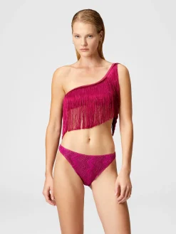 One-shoulder zigzag lamé viscose bikini with fringes