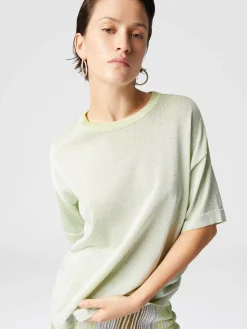 Oversized crewneck sweater in lamé viscose with whetstone sleeves