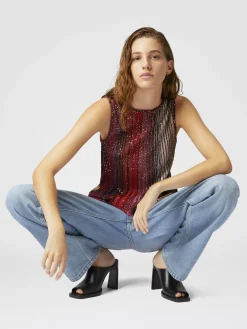 Partial striped sleeveless top with sequins
