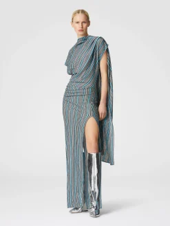 Peplum-cut dress in lamé viscose with side slit