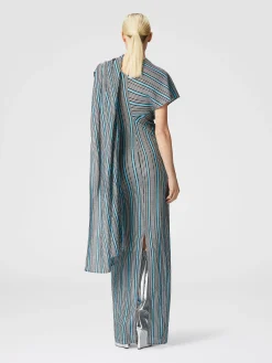 Peplum-cut dress in lamé viscose with side slit