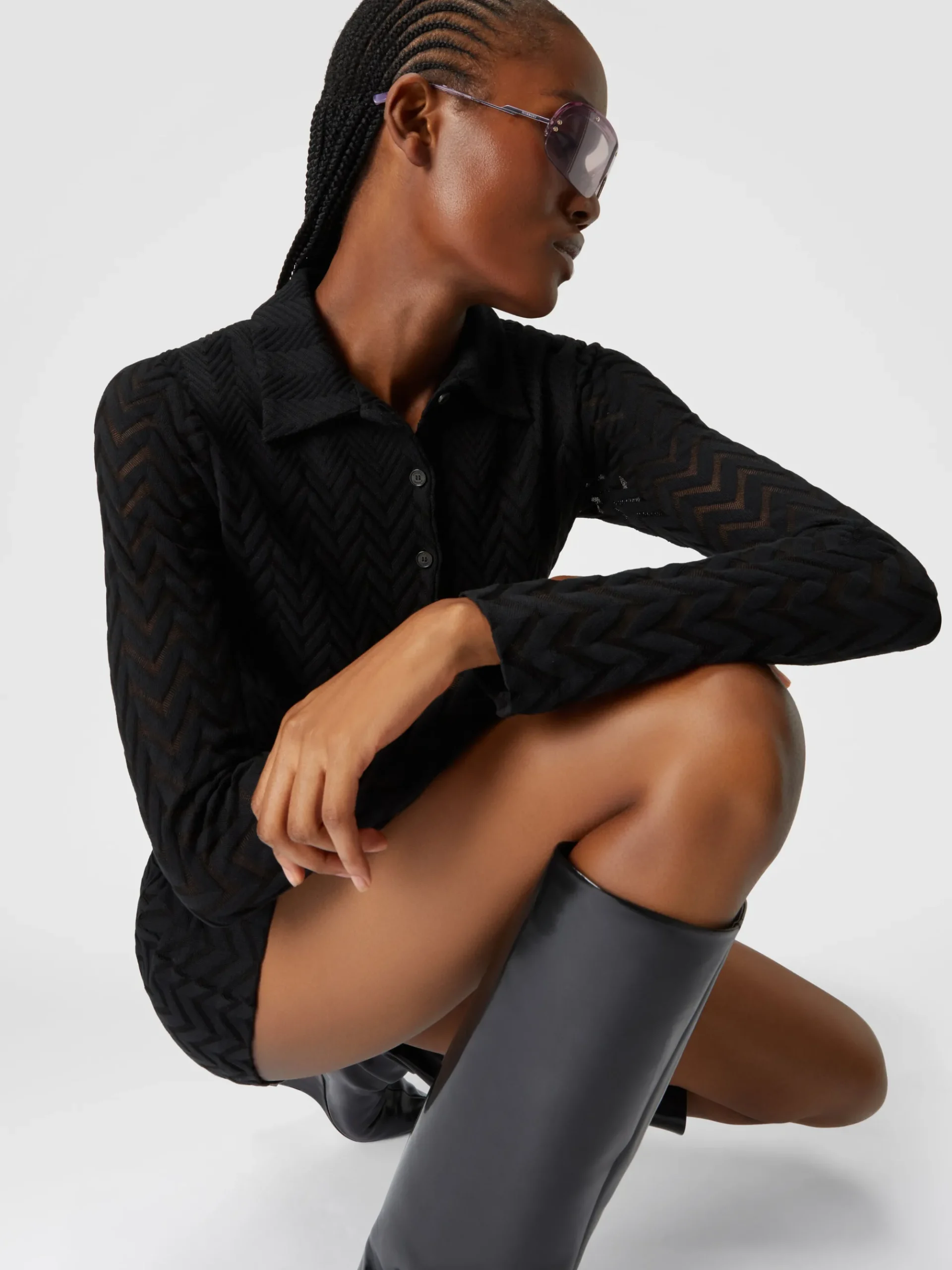 Polo mini-dress in cotton and chevron viscose