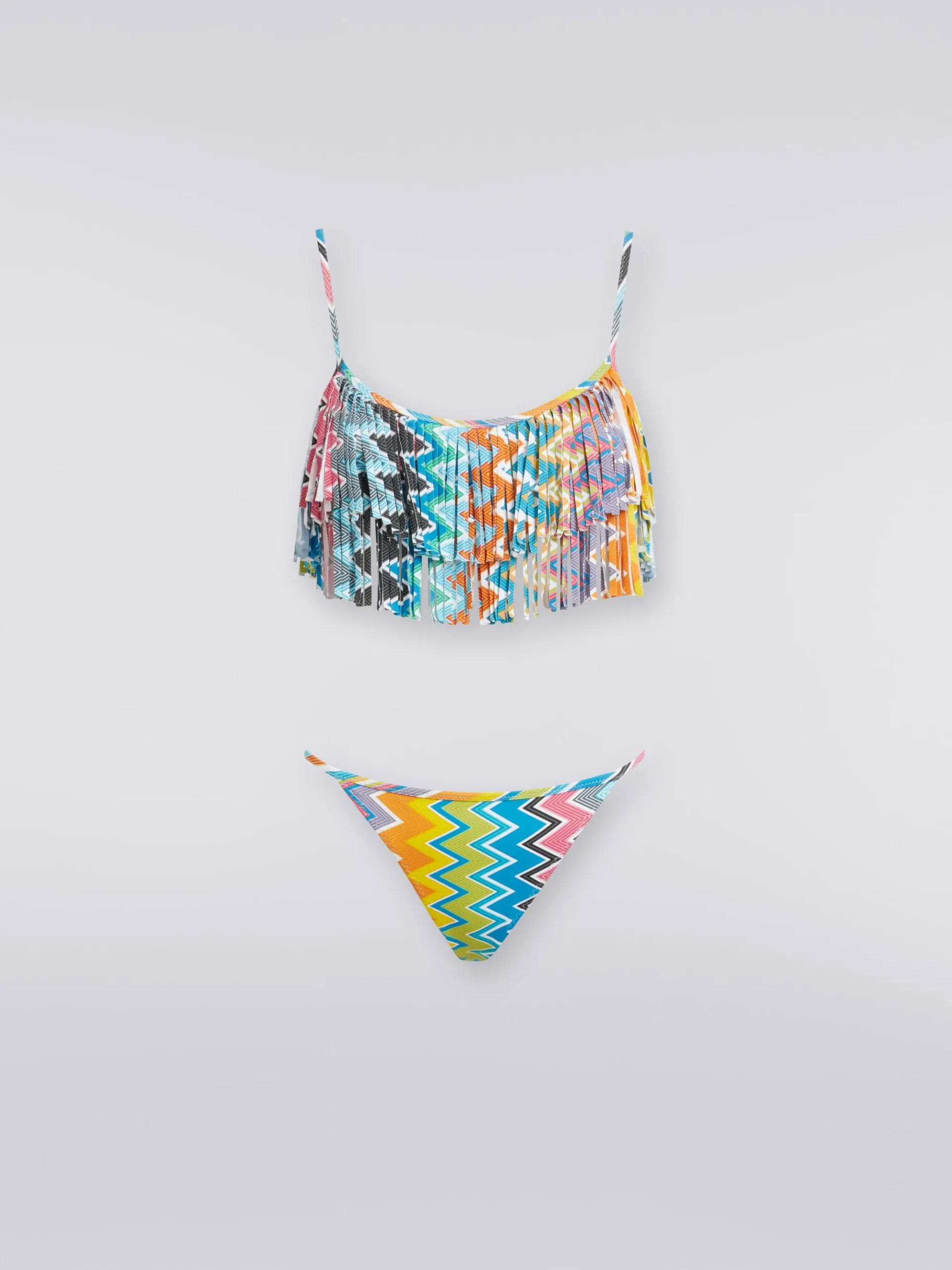 Printed stretch fabric bikini with fringed top