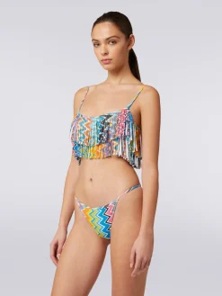 Printed stretch fabric bikini with fringed top