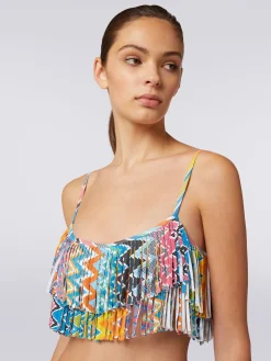 Printed stretch fabric bikini with fringed top