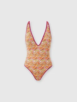 Reversible one-piece swimsuit with print and V-neck