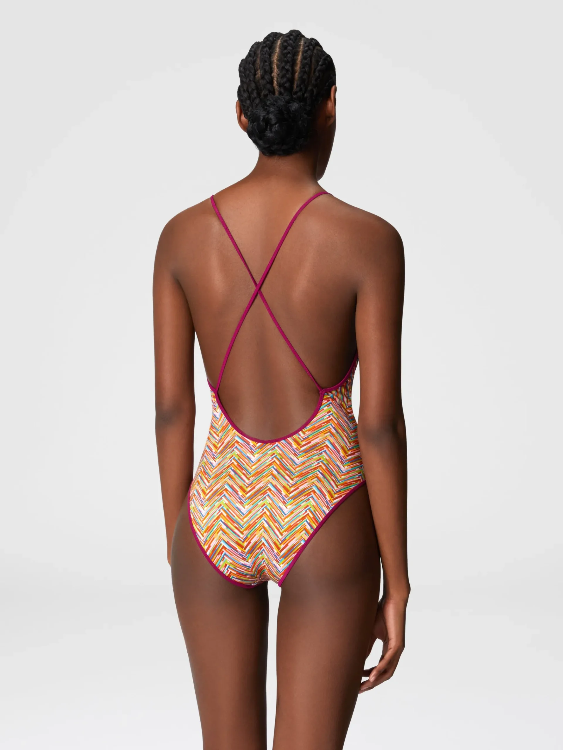 Reversible one-piece swimsuit with print and V-neck