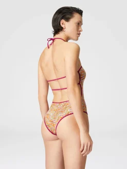 Reversible one-piece swimsuit with print and contrasting piping