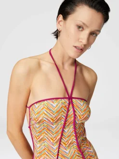 Reversible one-piece swimsuit with print and contrasting piping