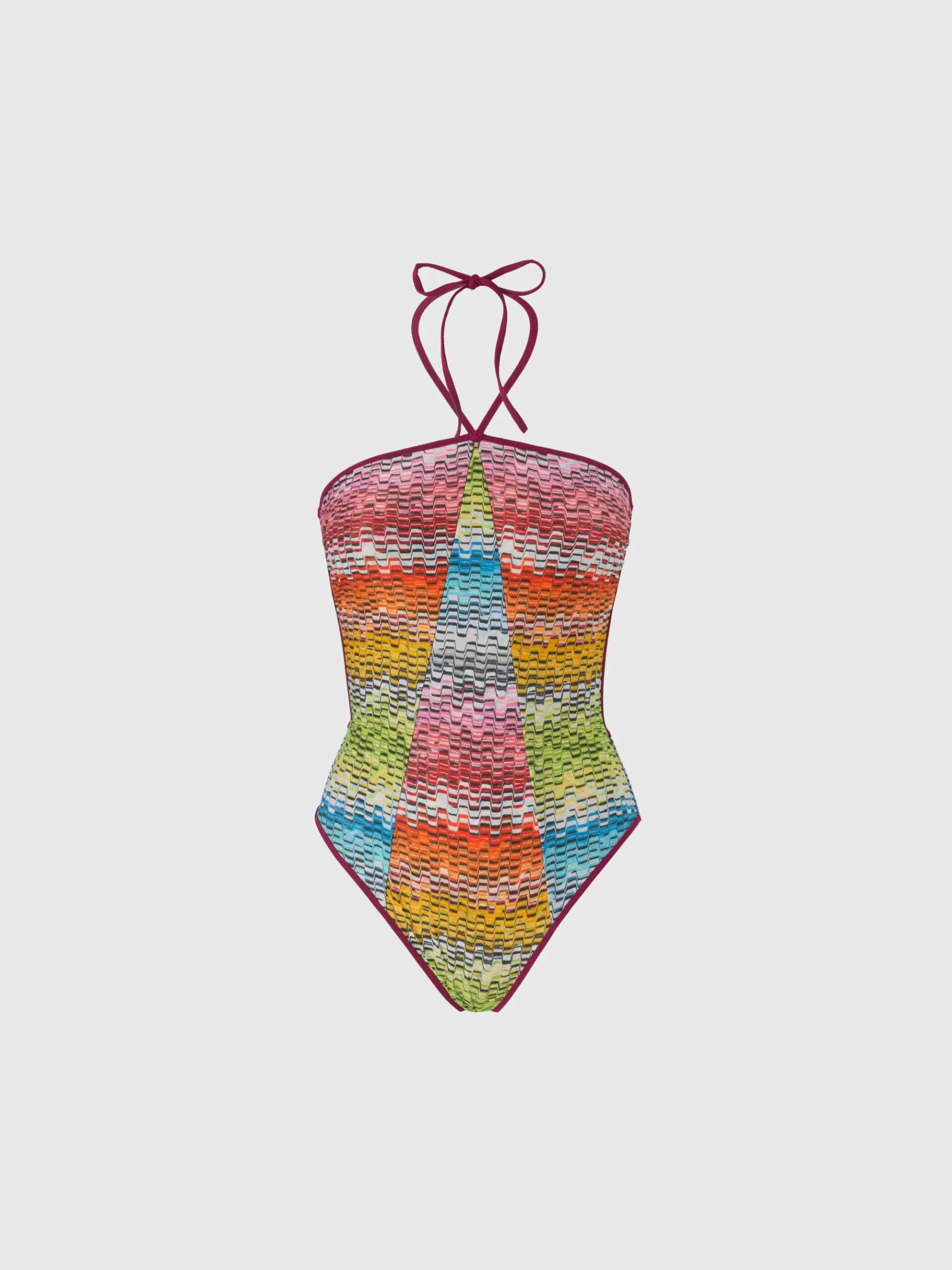 Reversible one-piece swimsuit with print and contrasting piping