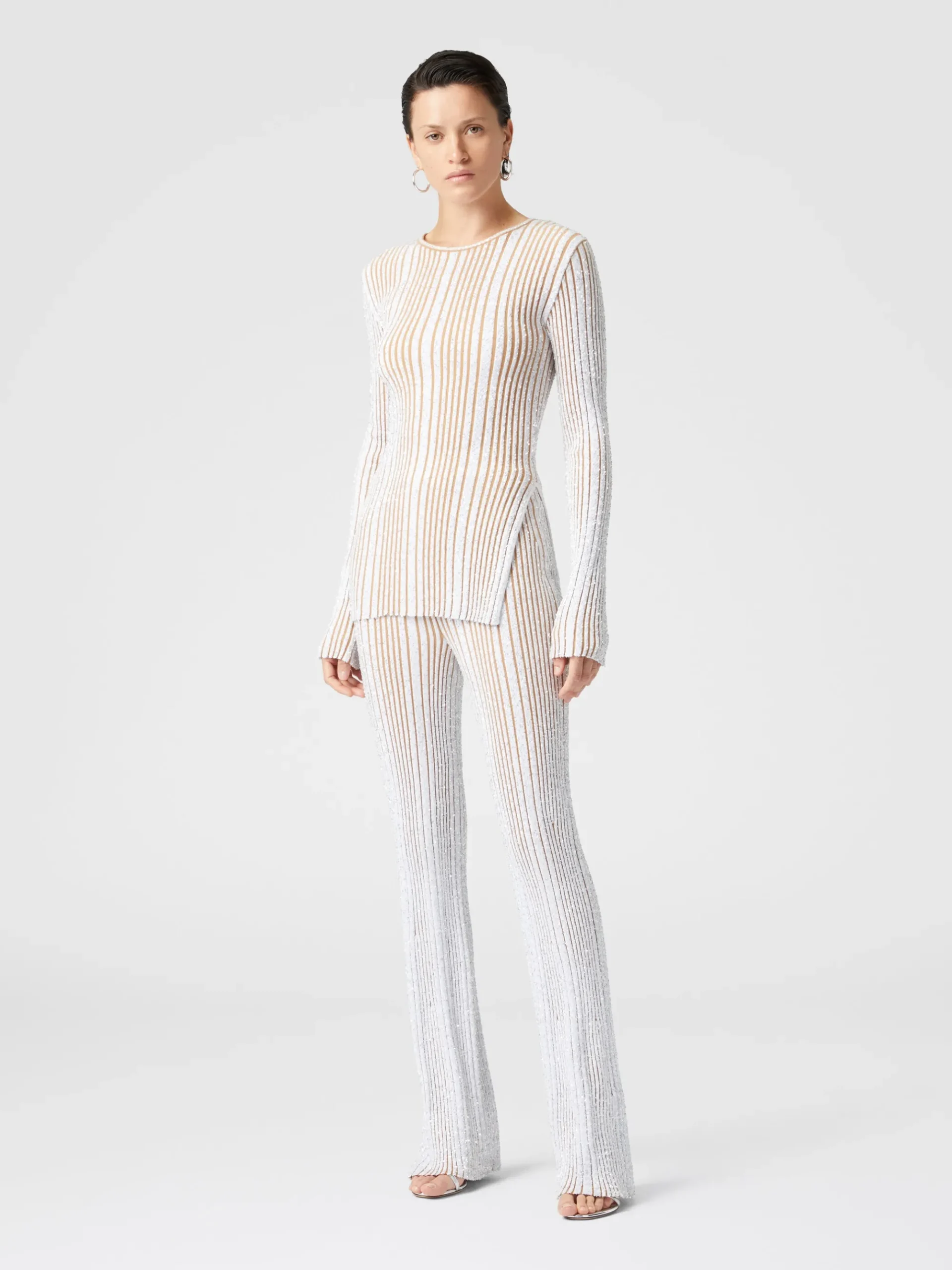 Ribbed stretch flared trousers with sequins
