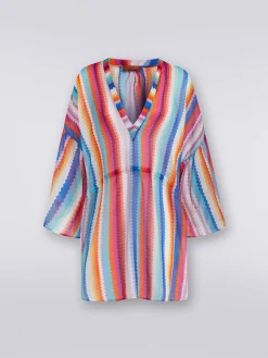 Short cover up kaftan in zigzag cotton and silk