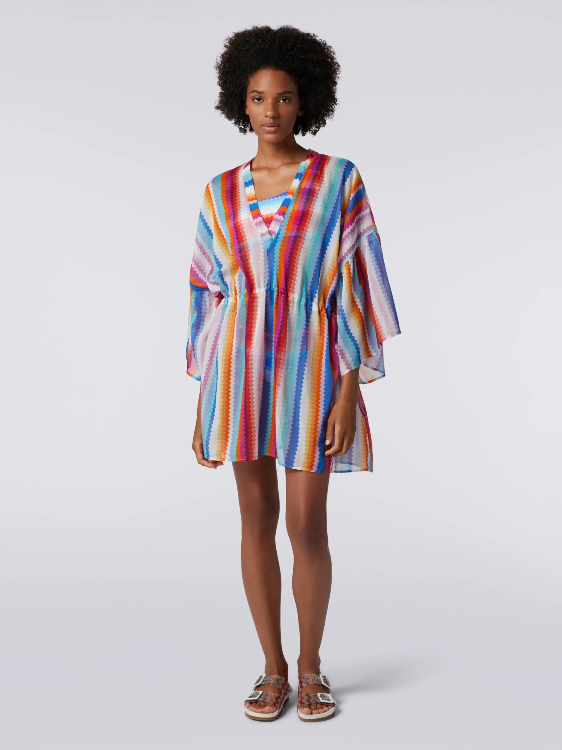 Short cover up kaftan in zigzag cotton and silk